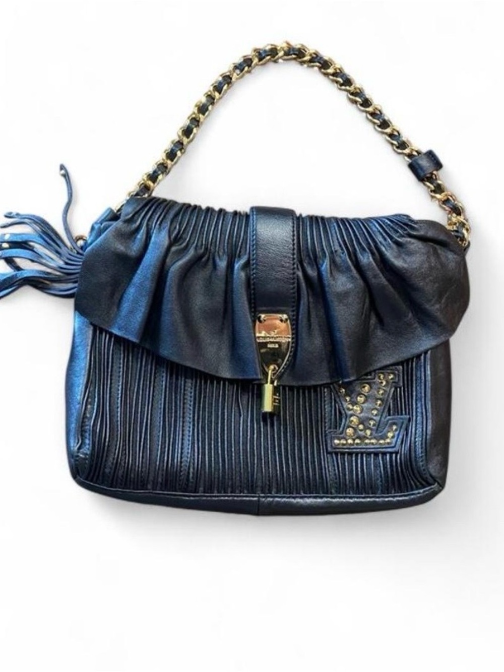 Louis Vuitton Designer Black Leather Shoulder Bag with Chain Strap
